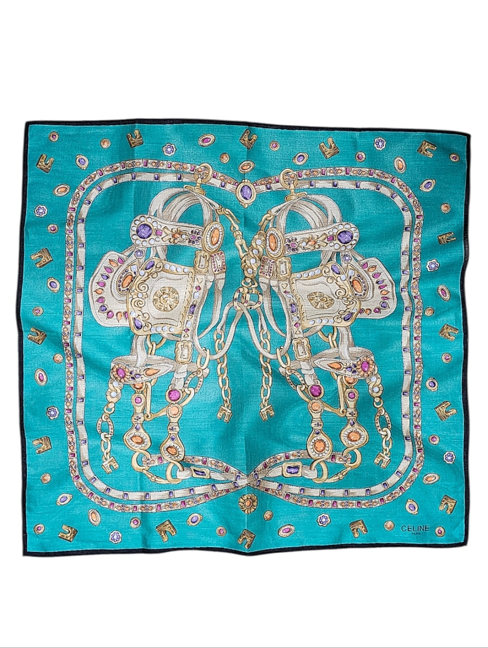 Celine Turquoise Silk Scarf with Gold and Jewel Accents